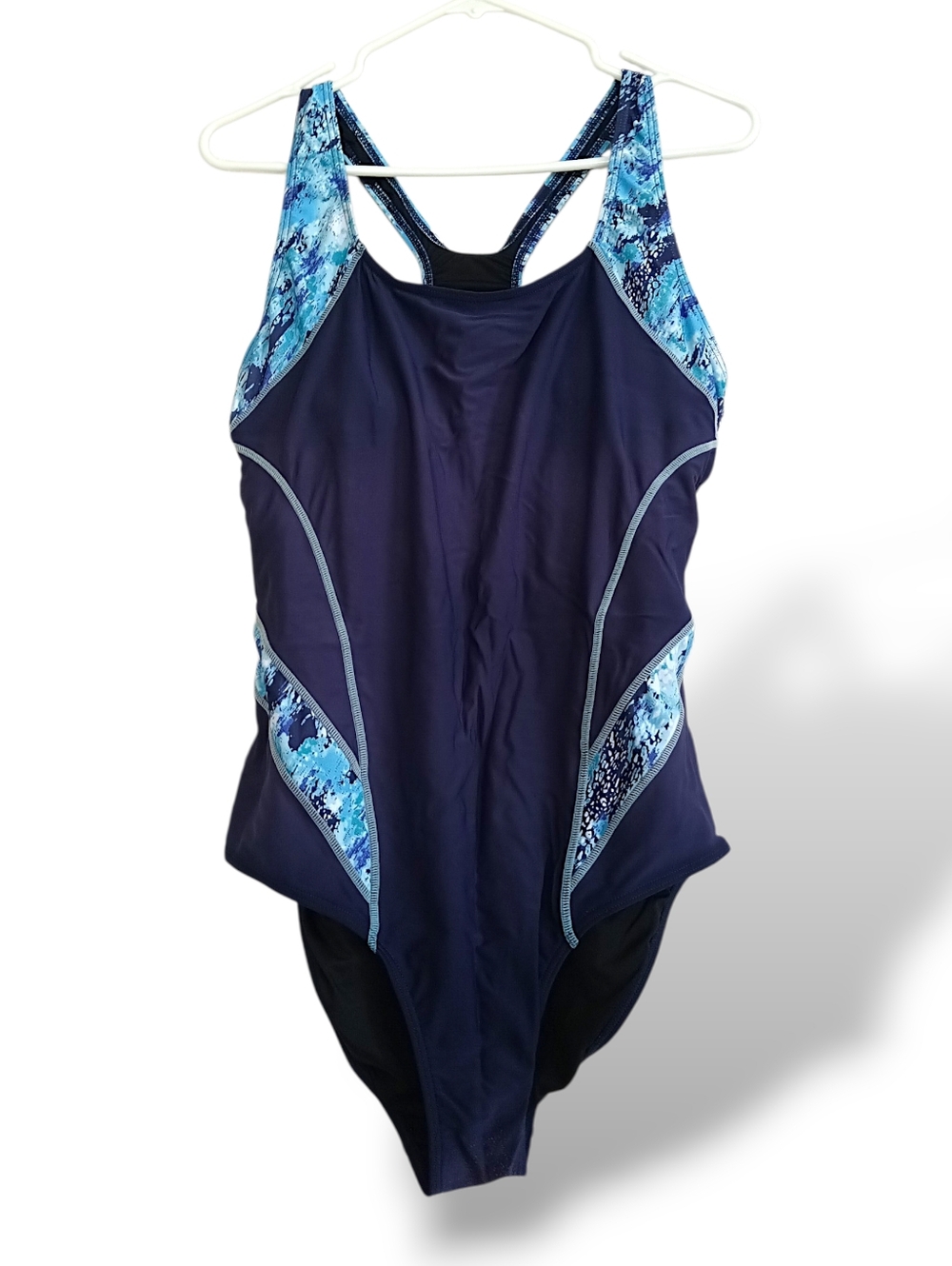 Navy Blue One-Piece Swimsuit Print Accents Racerback Full Coverage Lightly Lined